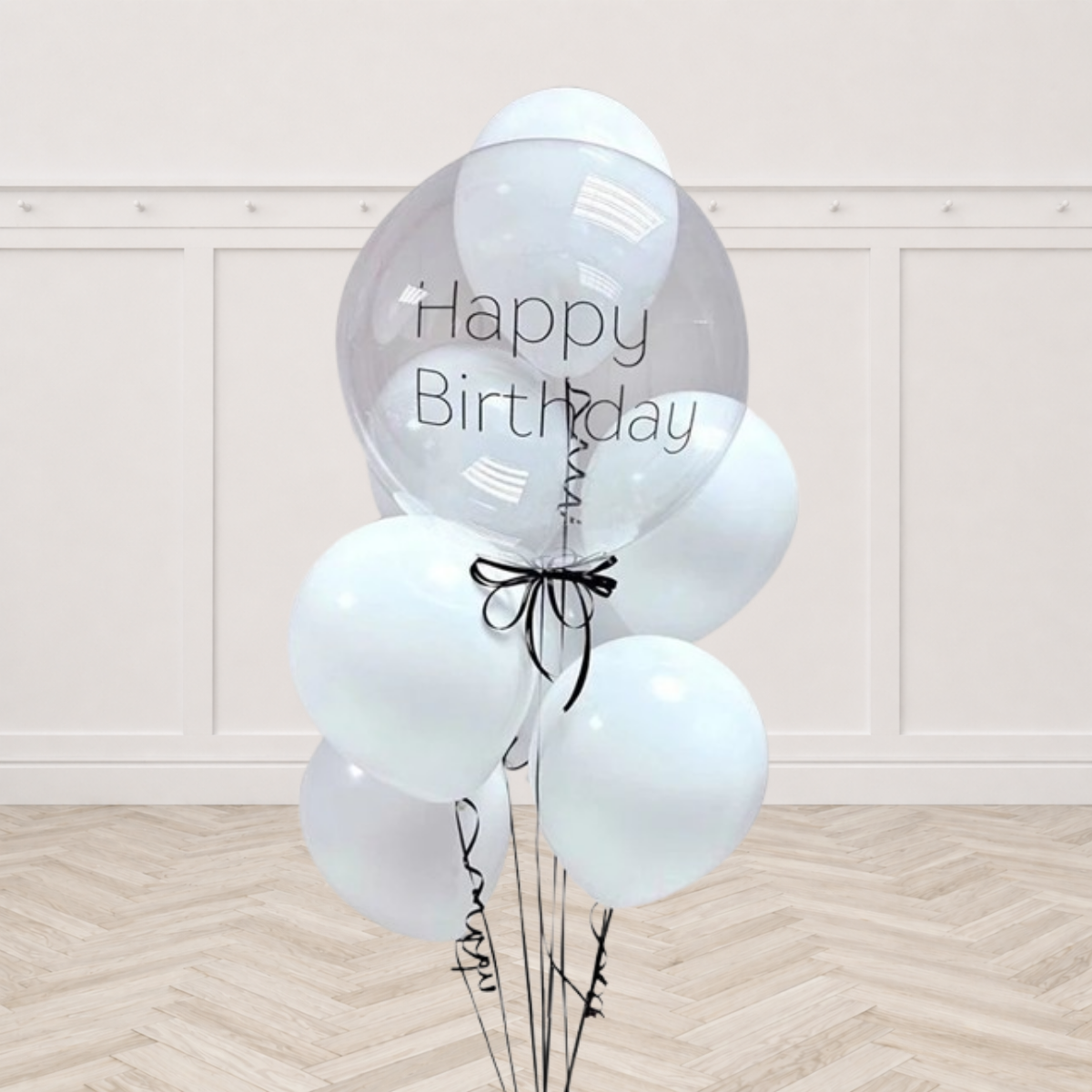 Classy White Custom Text Personalized Bubbles Balloon Bouquet