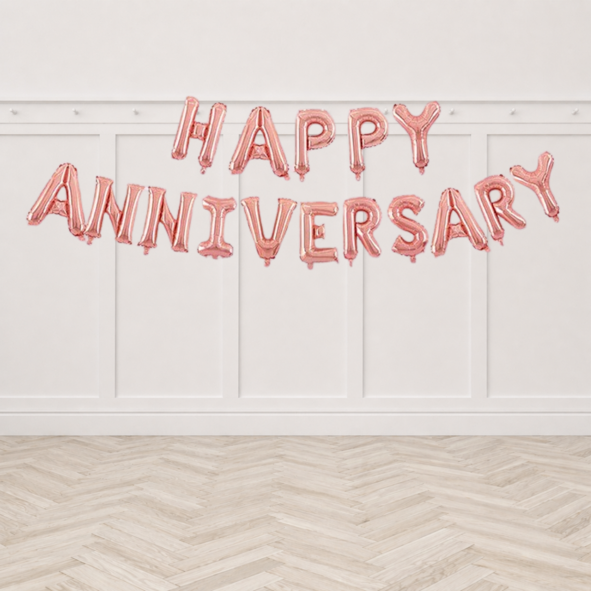16" HAPPY ANNIVERSARY Alphabet Foil Balloons Banner - ROSEGOLD- Air-Filled - NON FLYING / NO HELIUM