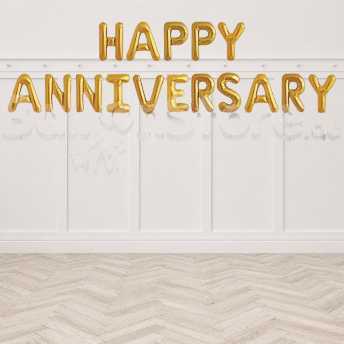 GOLD Happy Anniversary Alphabet Foil Balloons Banner -- Air-Filled - NON FLYING / NO HELIUM