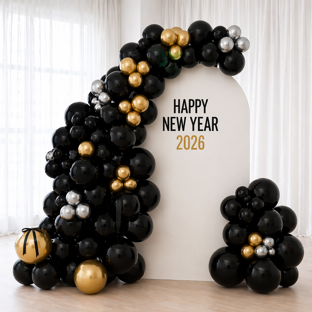 Luxury New Year Balloon Stand β Black, Gold & Silver Theme