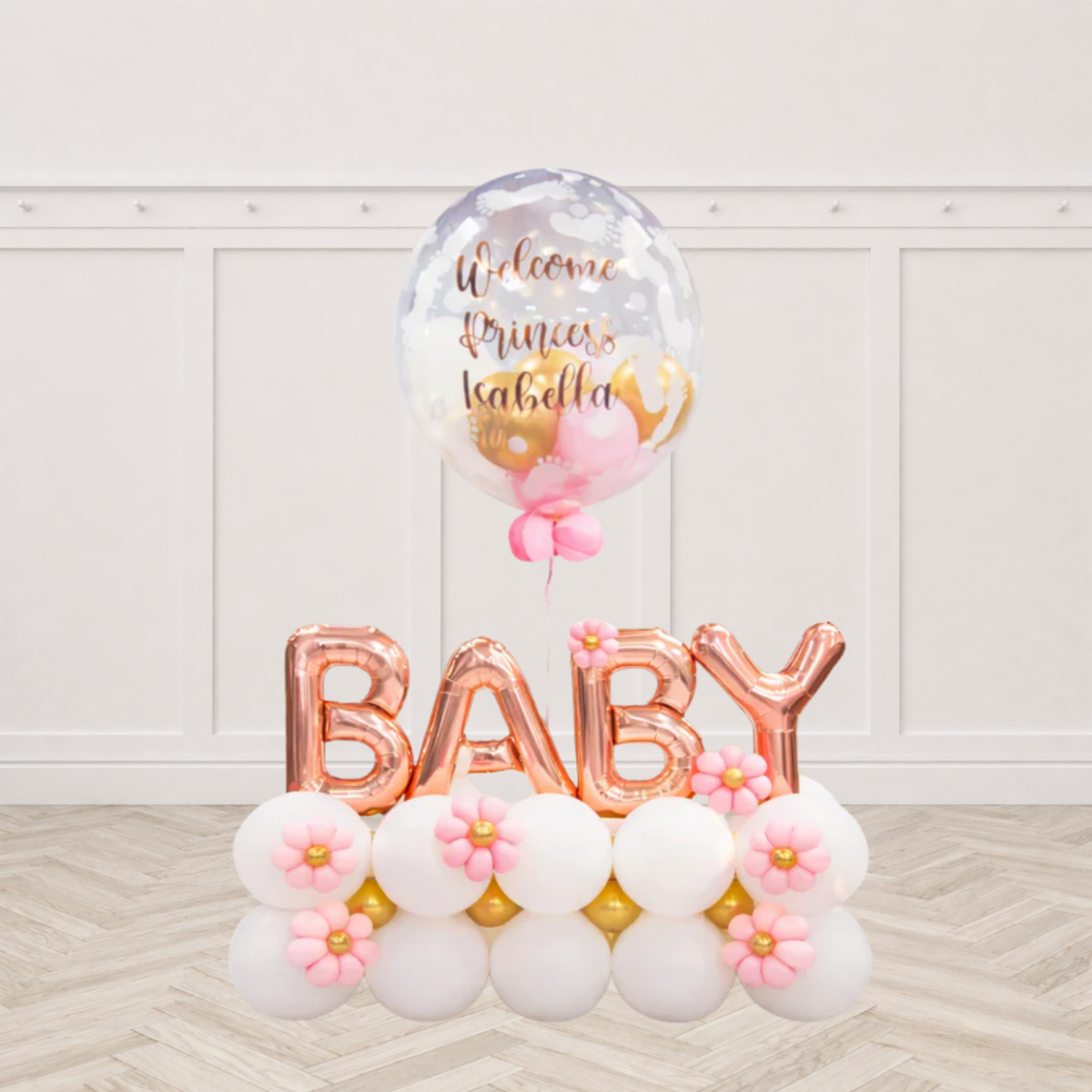 Custom Text Baby Girl Newborn Balloon Arrangement Pre-Order 1 Day in Advance