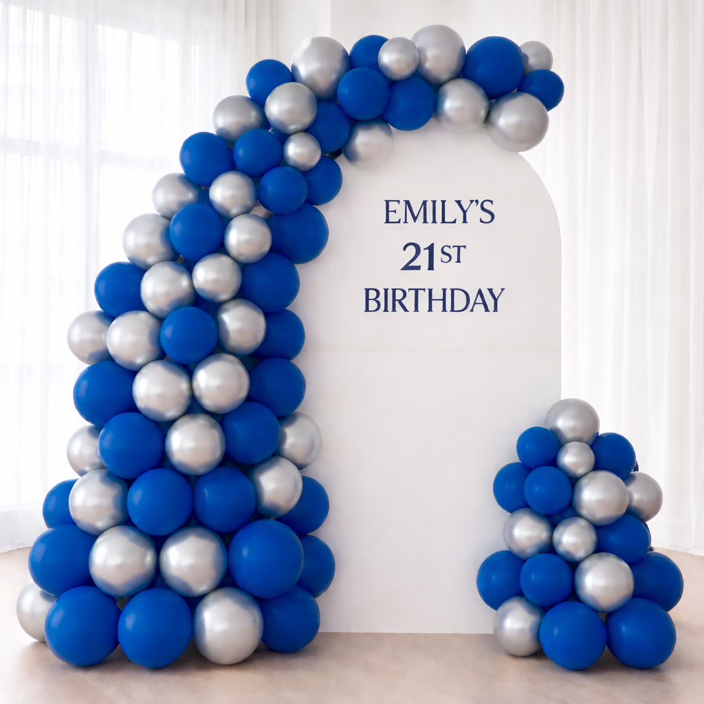 Premium Personalized Stand with Navy and Silver Balloons