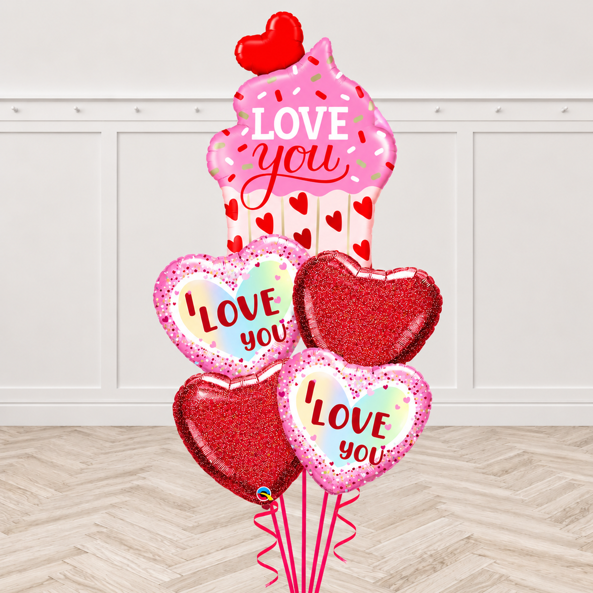 Cupcake and Glitter Hearts Love You Balloon Bouquet
