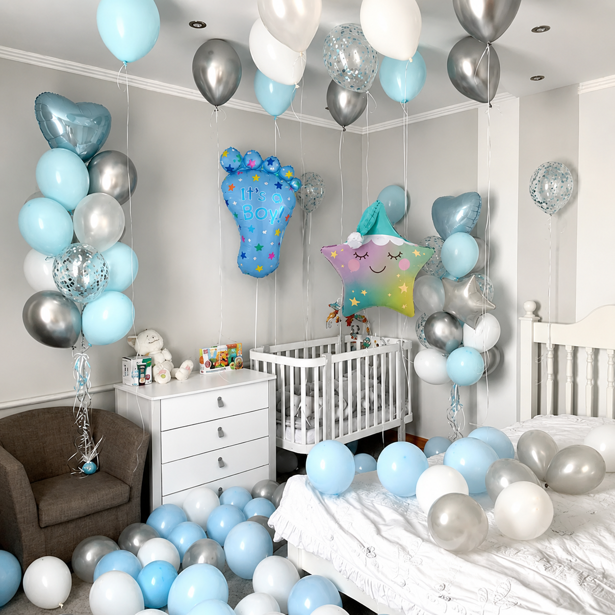 Welcome Baby Boy Chrome Confetti Balloon Package