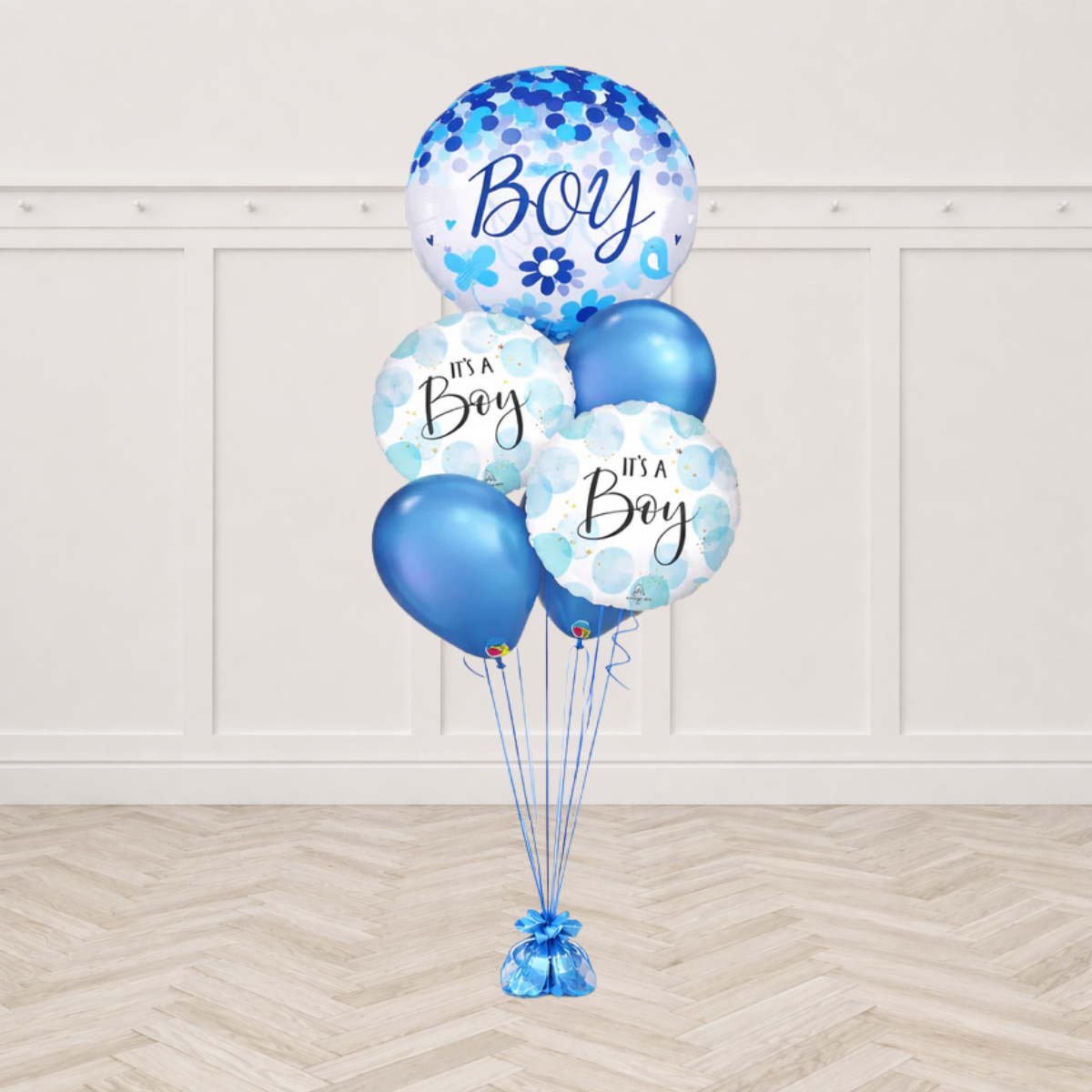 Jumbo Baby Boy Confetti Dots & Chrome Balloon Bouquet