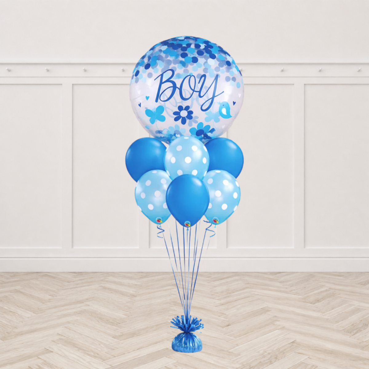 Jumbo Baby Boy Confetti Blue Polka Balloon Bouquet