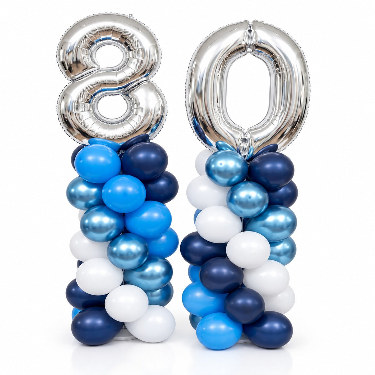 Silver foil number 80 balloons on blue, navy, white and chrome silver balloon columns