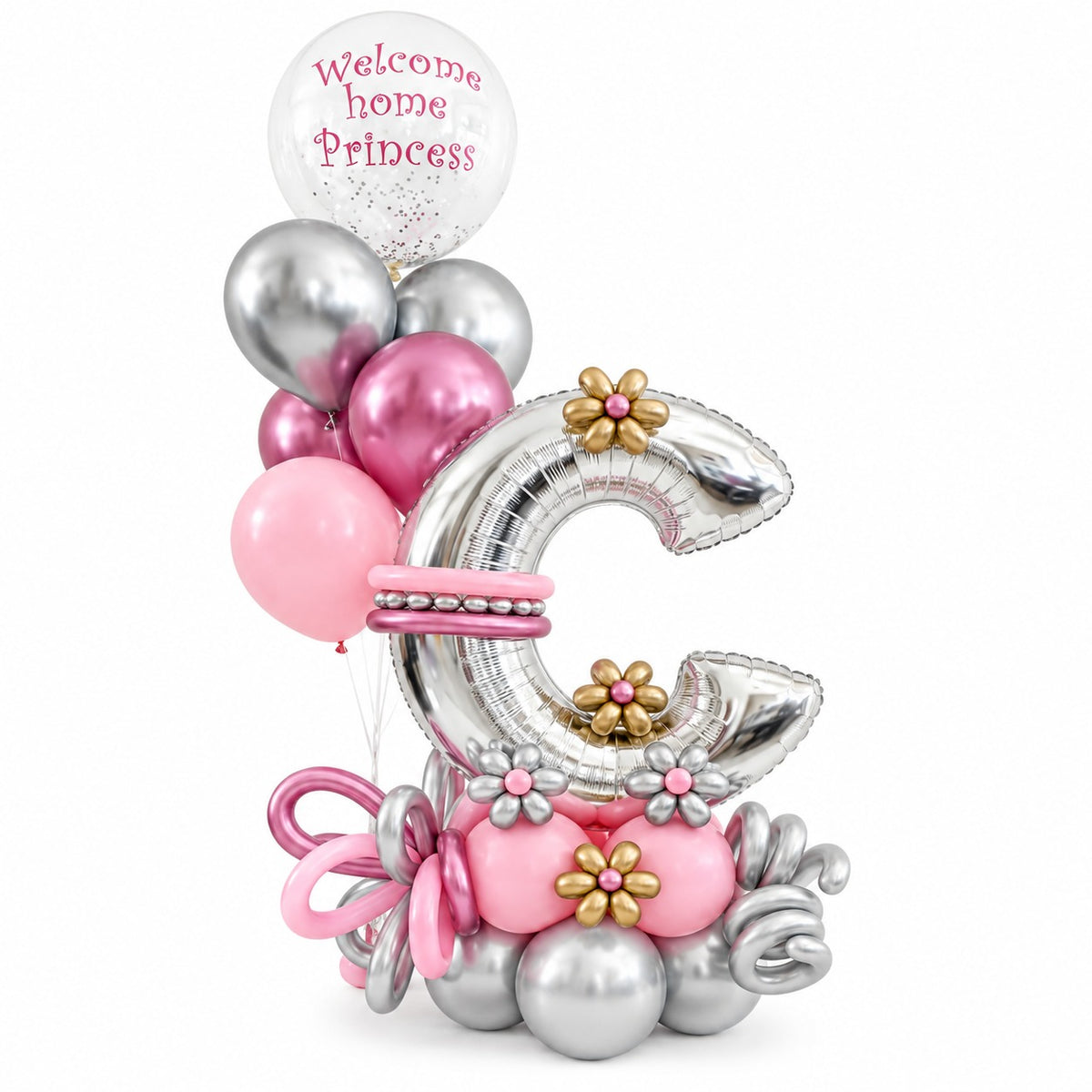 Silver foil letter C balloon with pink and silver balloon cluster and a Welcome Home Princess bubble balloon
