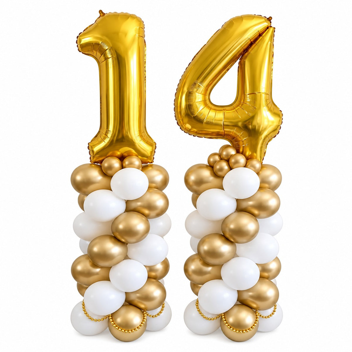 Gold foil number 14 balloons on gold and white balloon columns with pearl chain accents