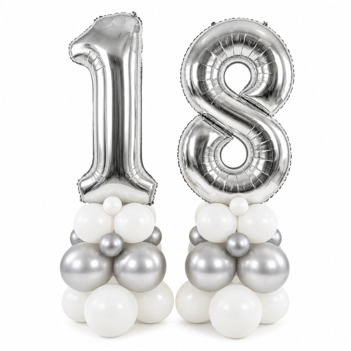 Silver foil number 18 balloons on white and chrome silver balloon clusters