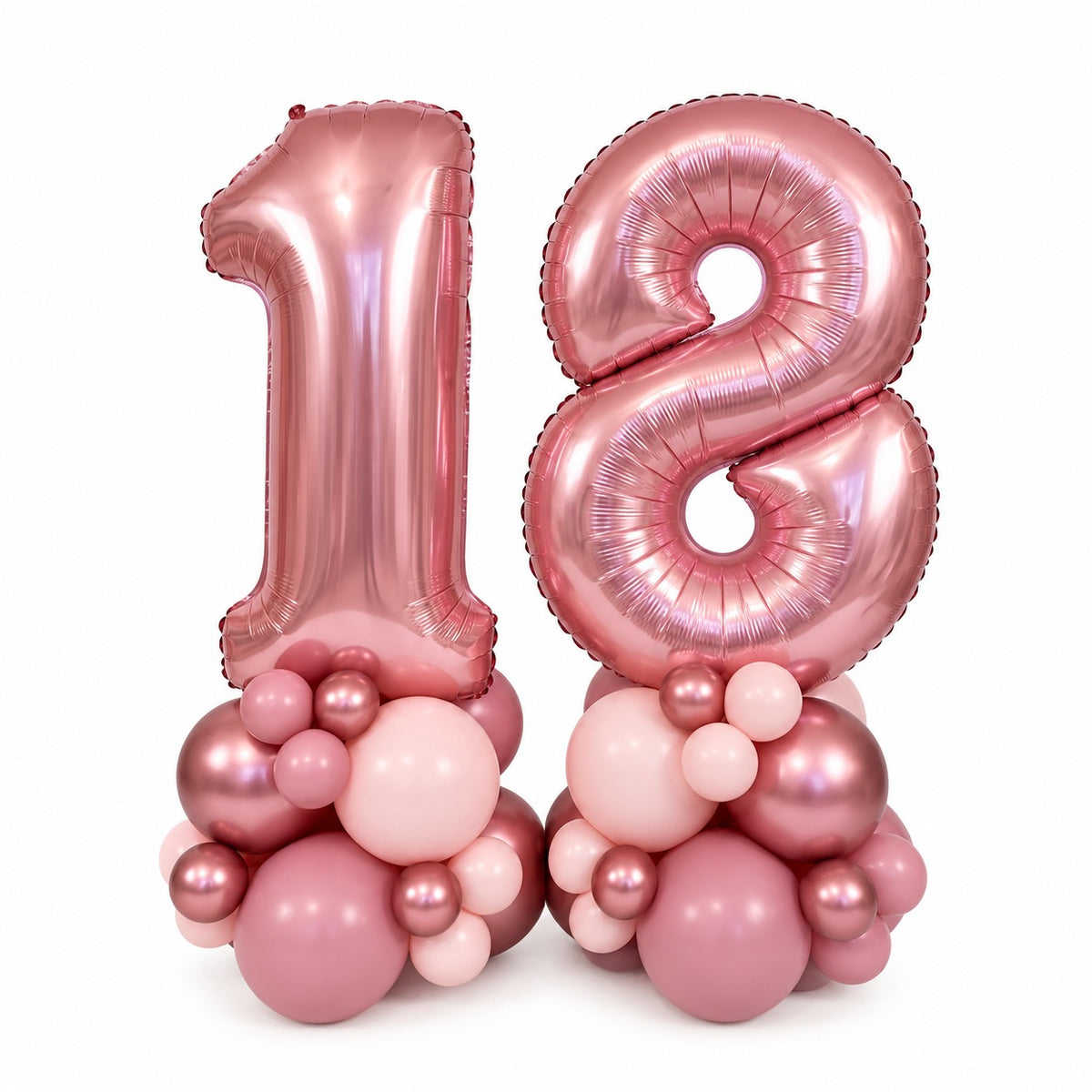 Rose gold foil number 18 balloons on rose gold and blush pink balloon clusters