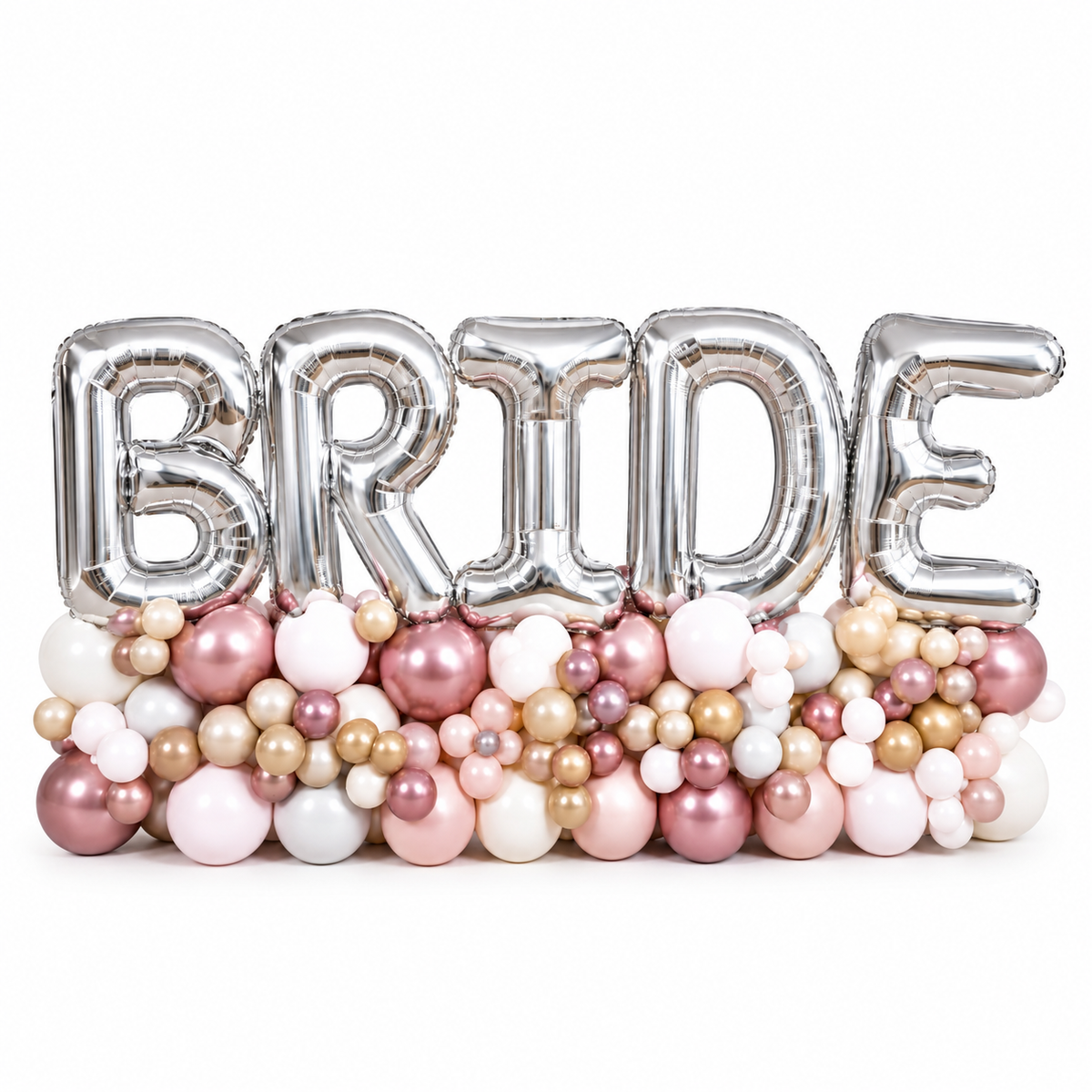 Silver BRIDE letter balloons on a blush and rose gold balloon garland
