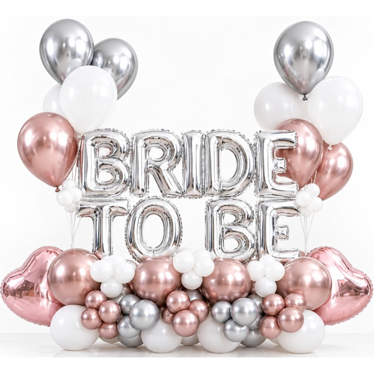 Silver BRIDE TO BE letter balloons with rose gold heart foil balloons
