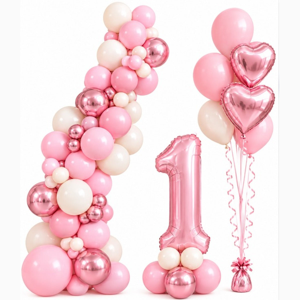 Pink birthday balloon setup with a latex garland, number 1 foil balloon and heart balloon bouquet
