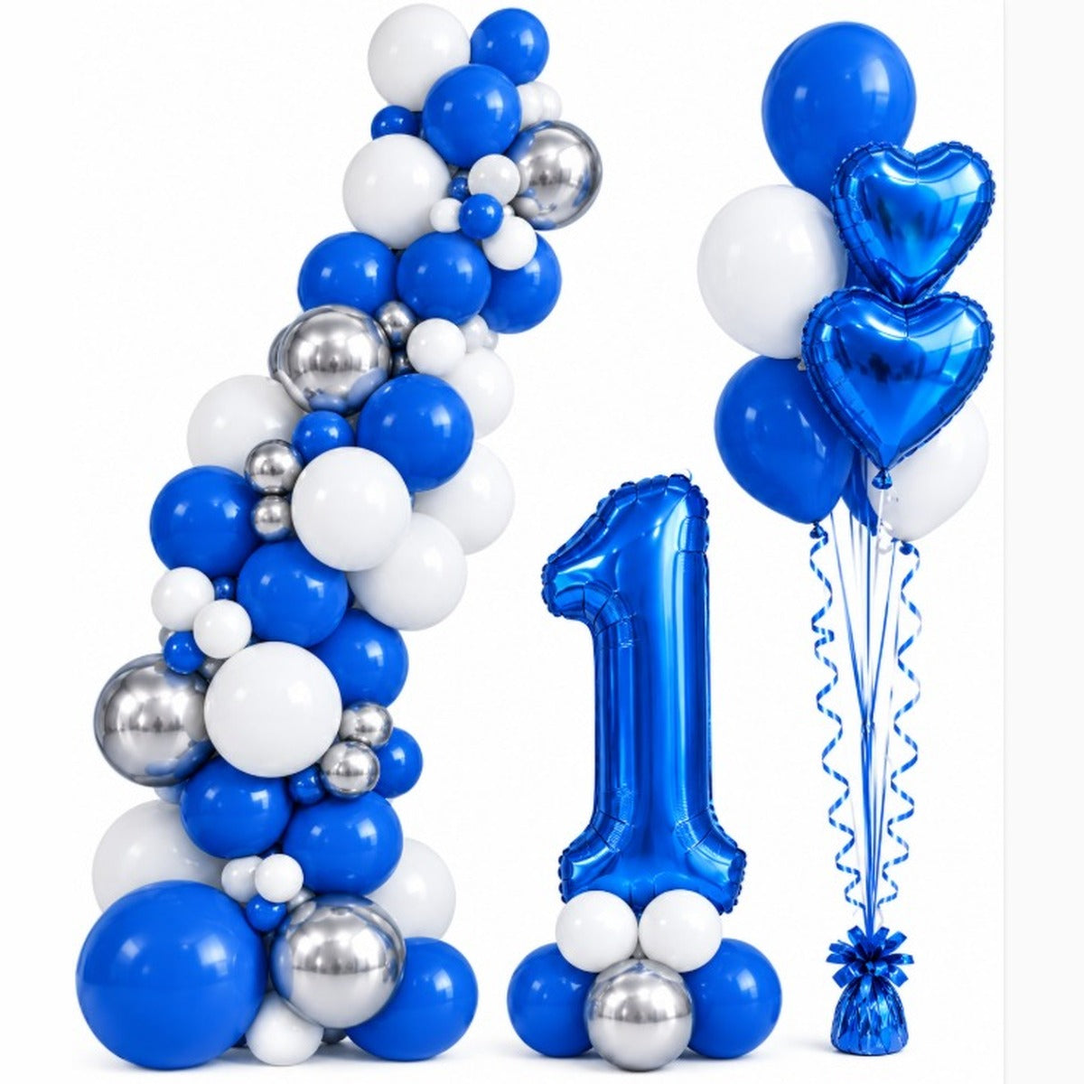Blue birthday balloon setup with a latex garland, number 1 foil balloon and heart balloon bouquet