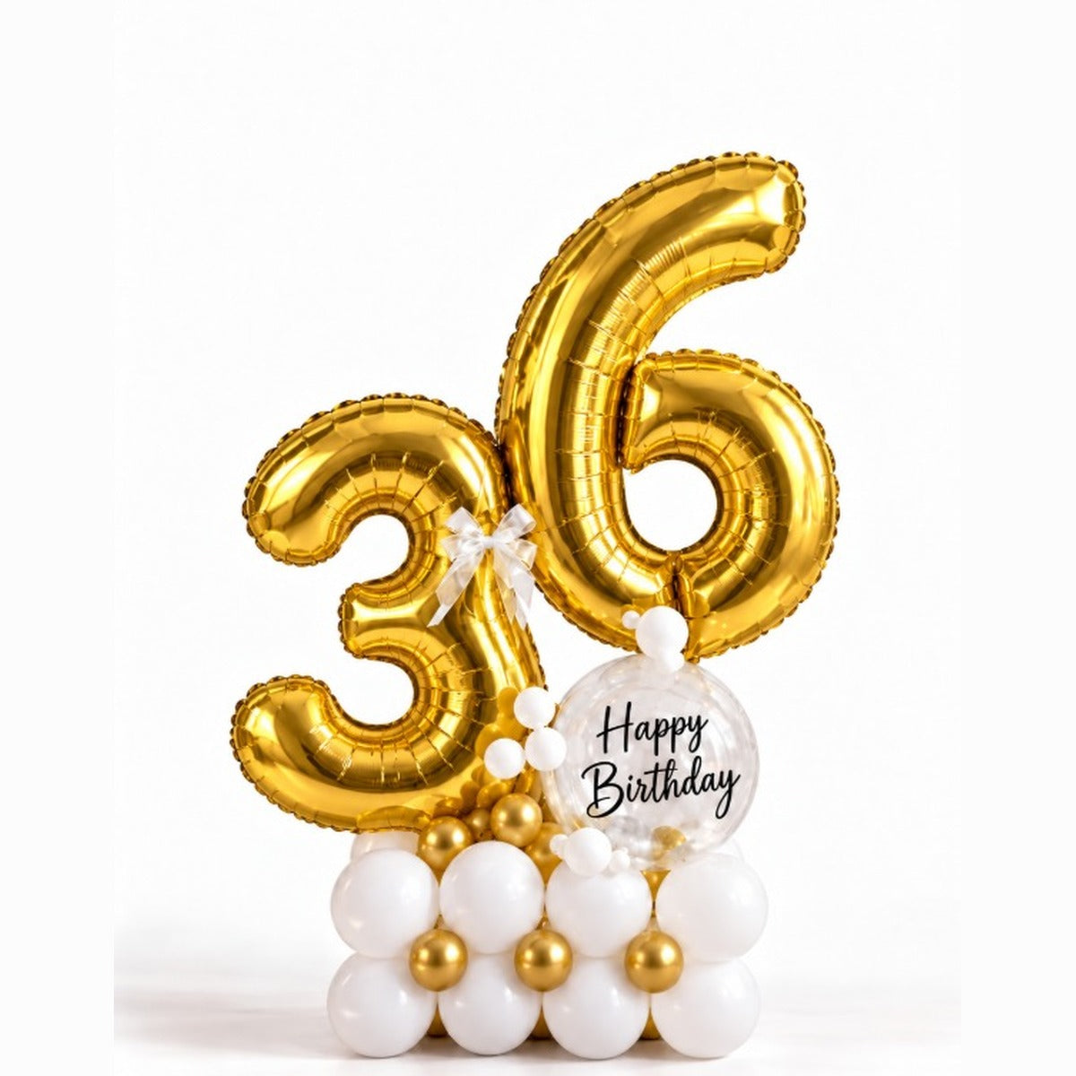Gold number 36 foil balloons with a Happy Birthday bubble balloon on a latex base