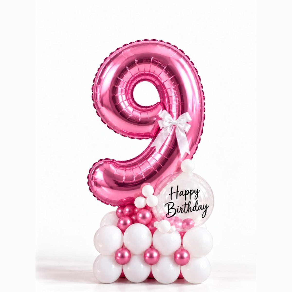 Pink number 9 foil balloon with a Happy Birthday bubble balloon on a latex base
