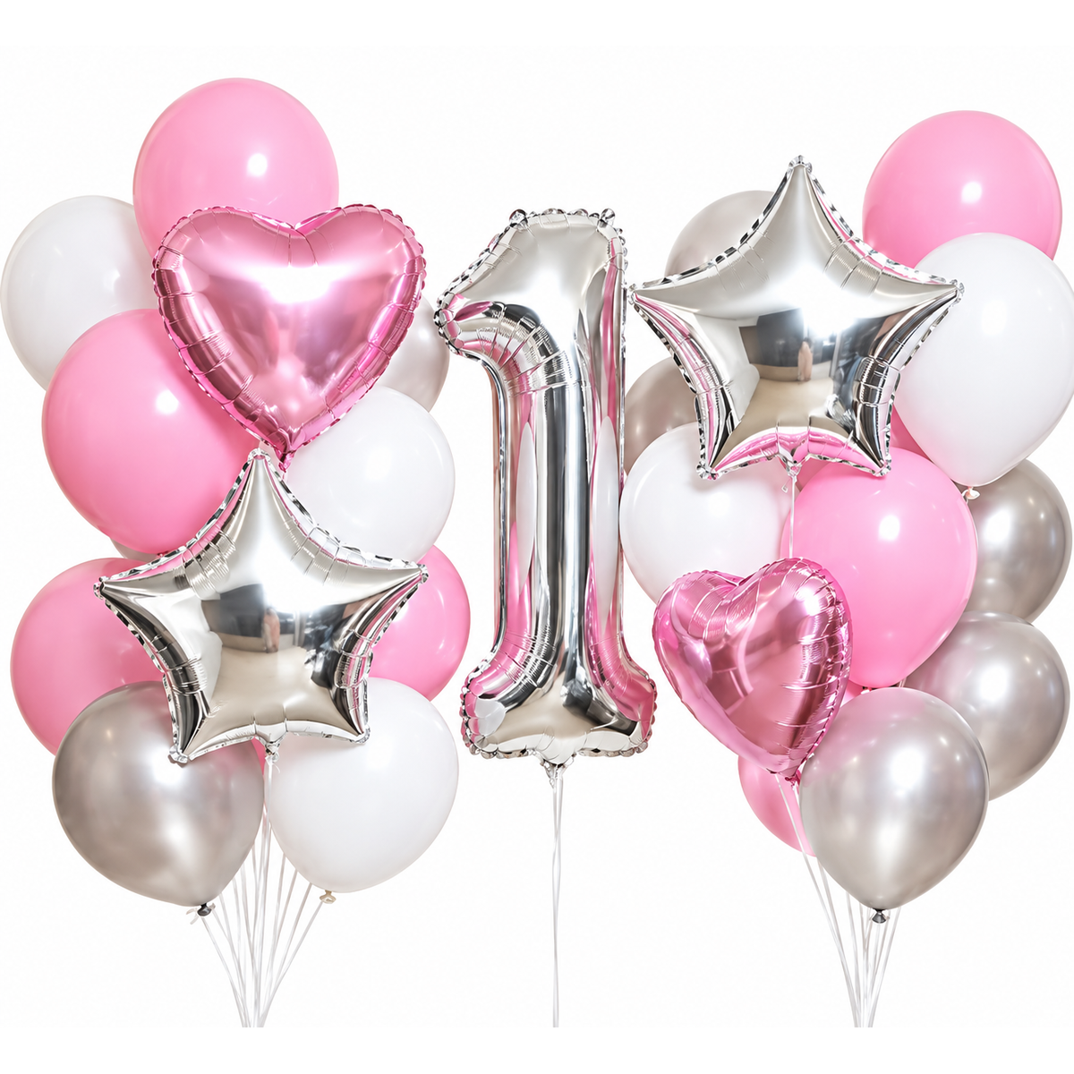 Silver number foil balloon with silver star foils, pink heart foils, and pink white silver latex balloons in a bouquet
