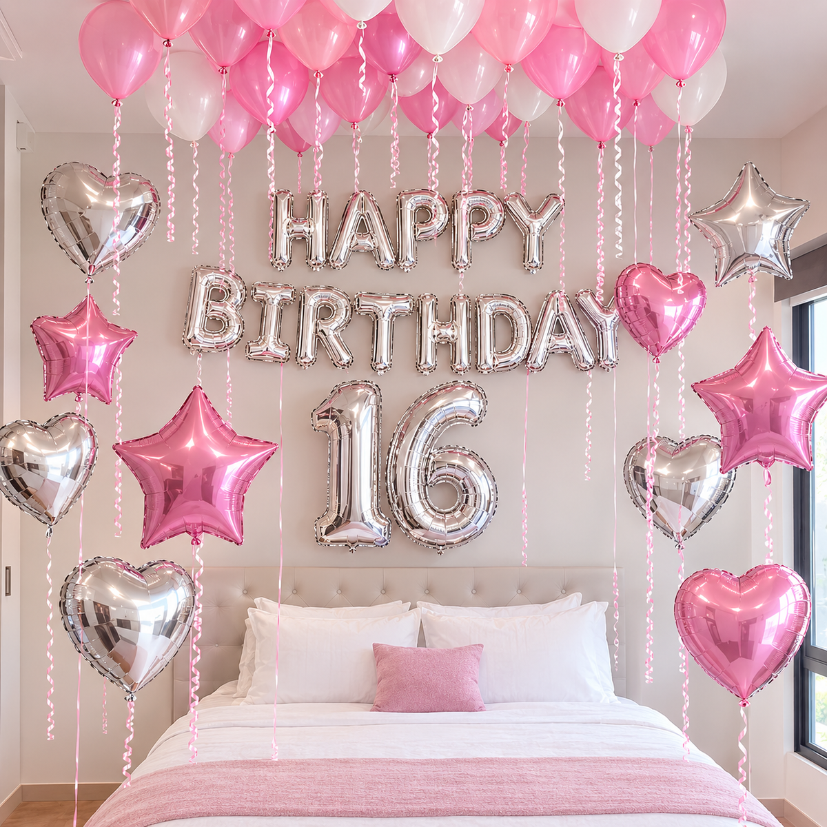 Silver happy birthday letter banner with number foil, assorted foil balloons, confetti bubbles, and pink white helium latex ceiling balloons