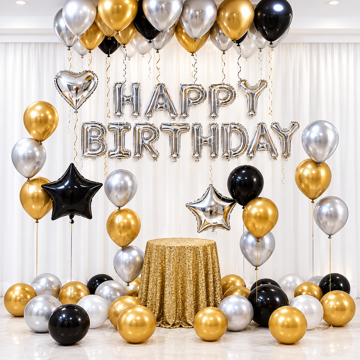 Silver happy birthday letter banner with black and silver star foils, silver heart foil, and gold silver black chrome latex balloons