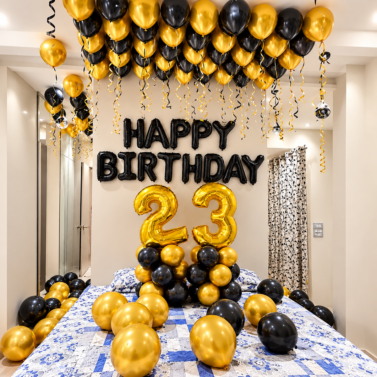 Black happy birthday letter banner with gold number foil balloons and gold black ceiling balloons