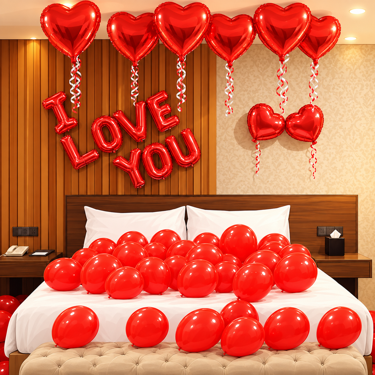 Red I love you balloon banner with heart foil balloons on ceiling and latex balloons on floor