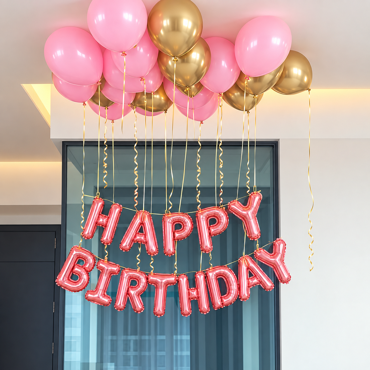 Pink happy birthday letter banner with pink and gold helium latex ceiling balloons
