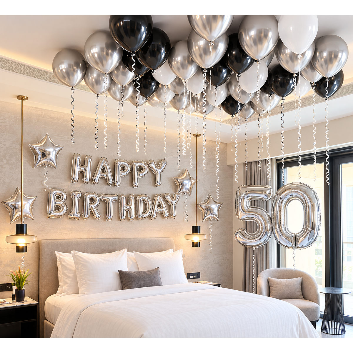 Silver happy birthday letter banner with silver number foils, silver star foils, and black silver white chrome latex balloons