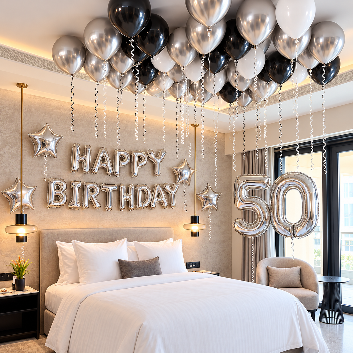 Silver happy birthday letter banner with silver number foils, silver star foils, and black silver white chrome latex balloons