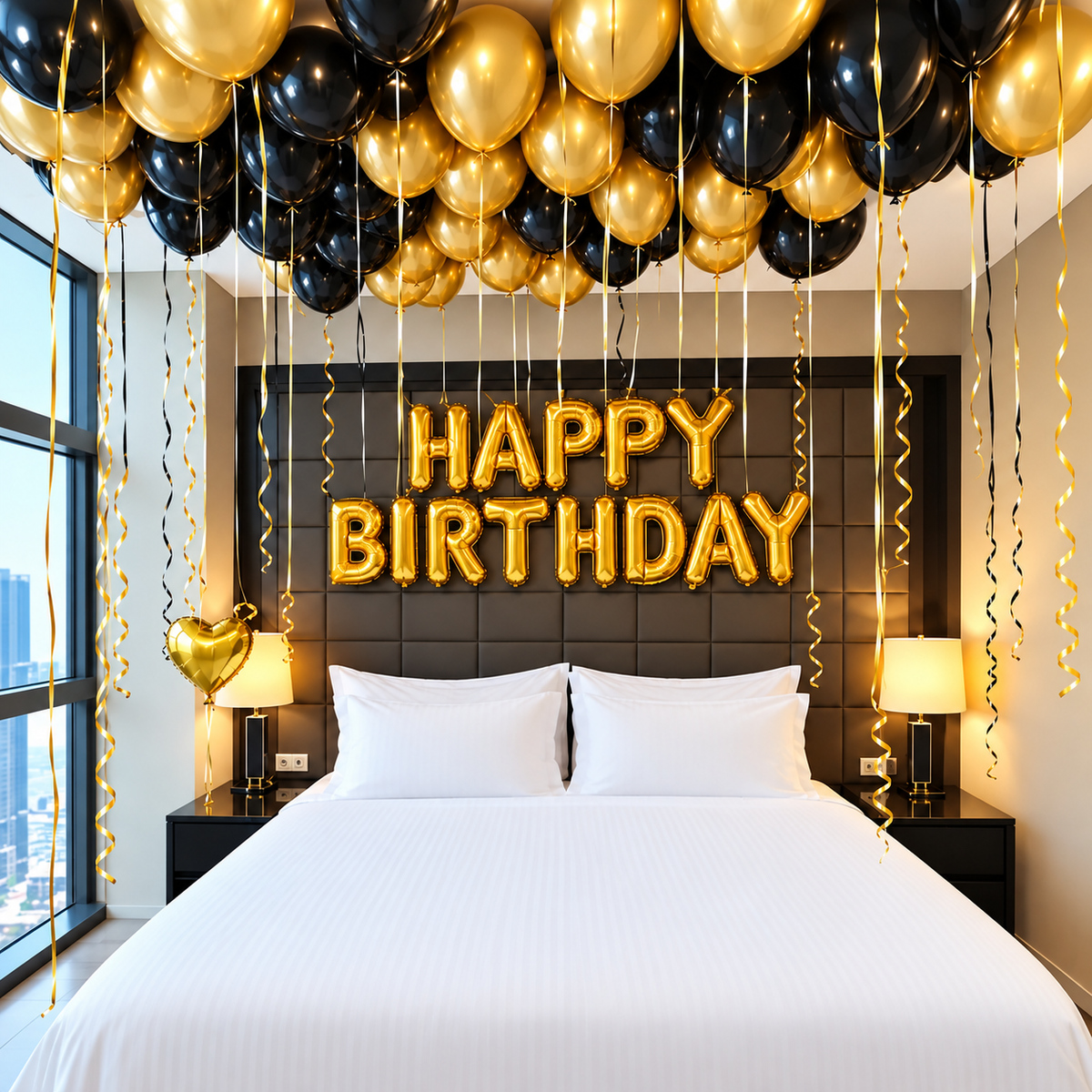 Gold happy birthday letter banner with gold heart foil balloon and gold black helium latex balloons