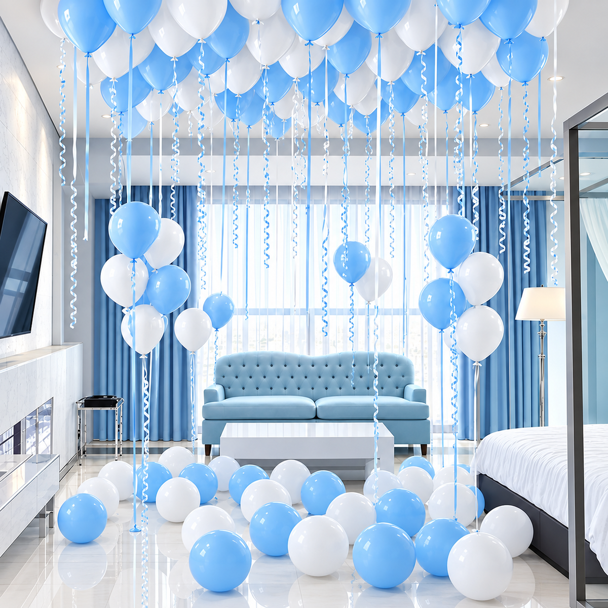 Blue and white balloon ceiling set with air-inflated floor balloons and two blue and white balloon bouquets
