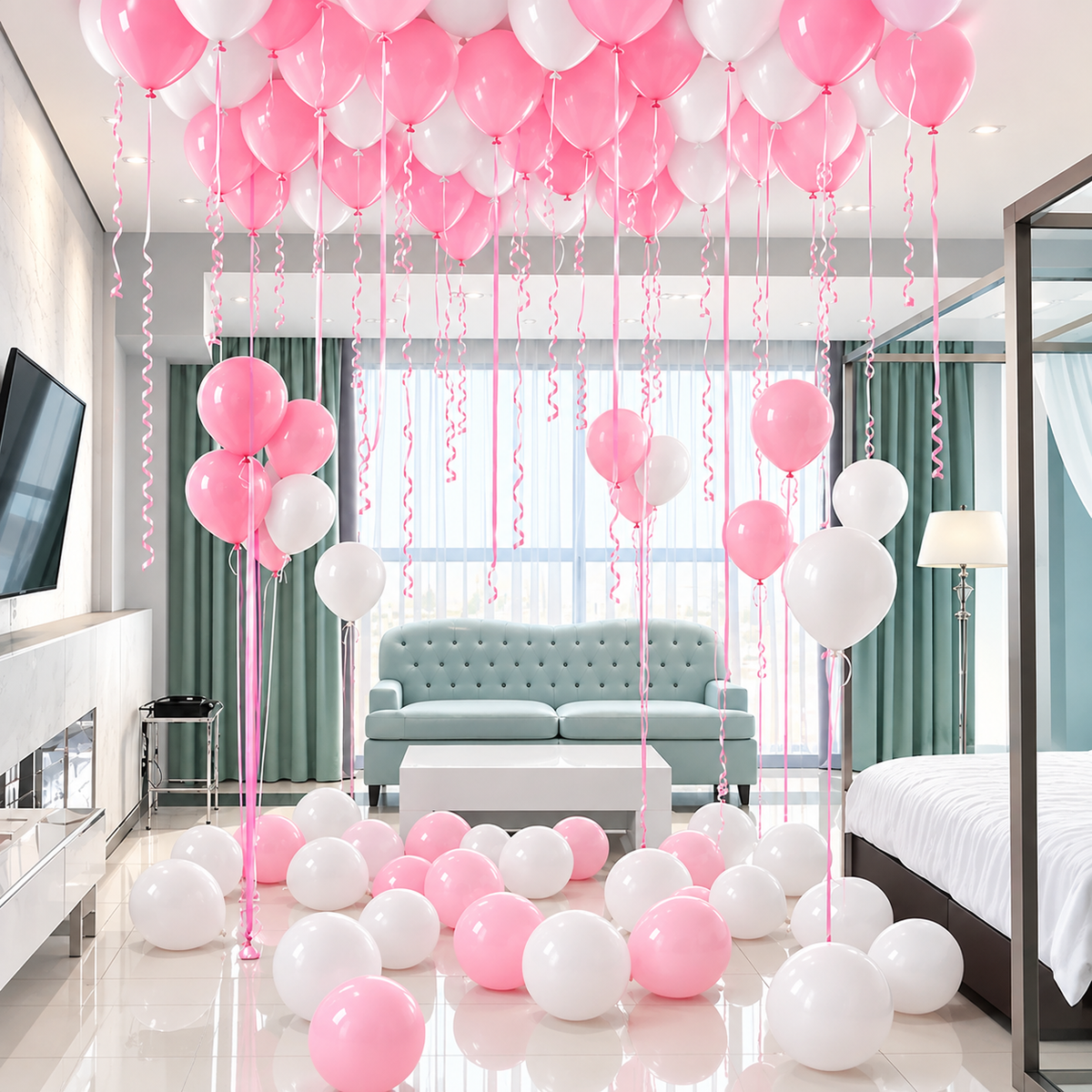 Pink and white balloon ceiling set with air-inflated floor balloons and latex balloon accents