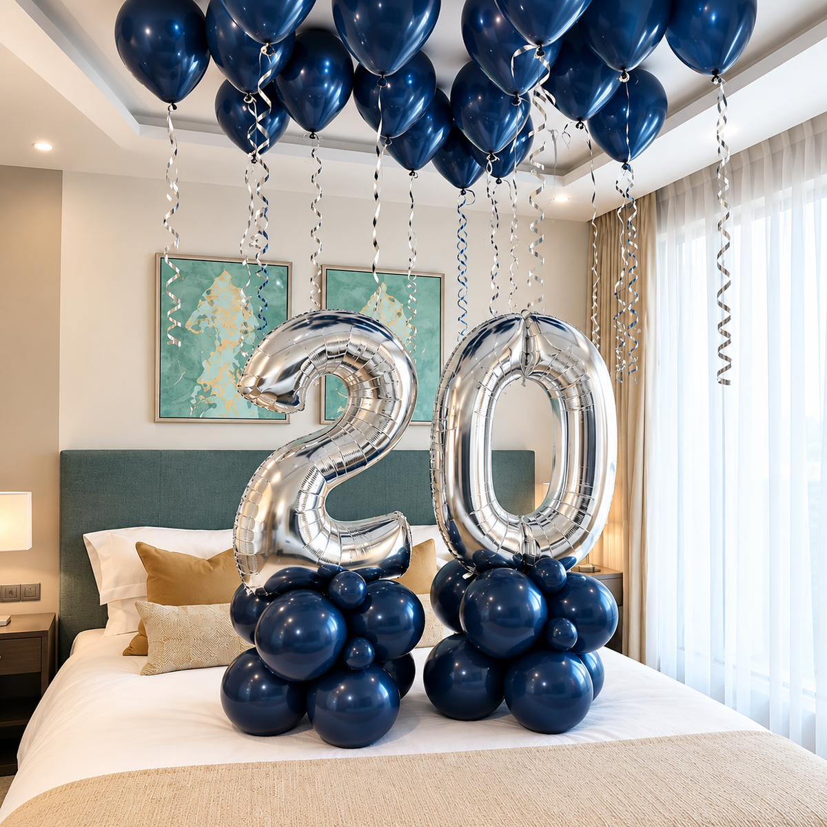 Silver number foil balloon arrangement on navy latex balloon base with navy ceiling balloons