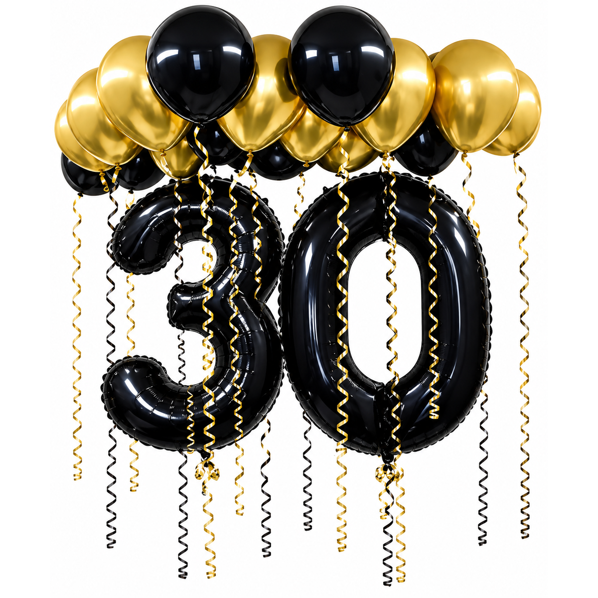 Black number foil balloons on a gold and black chrome latex balloon base