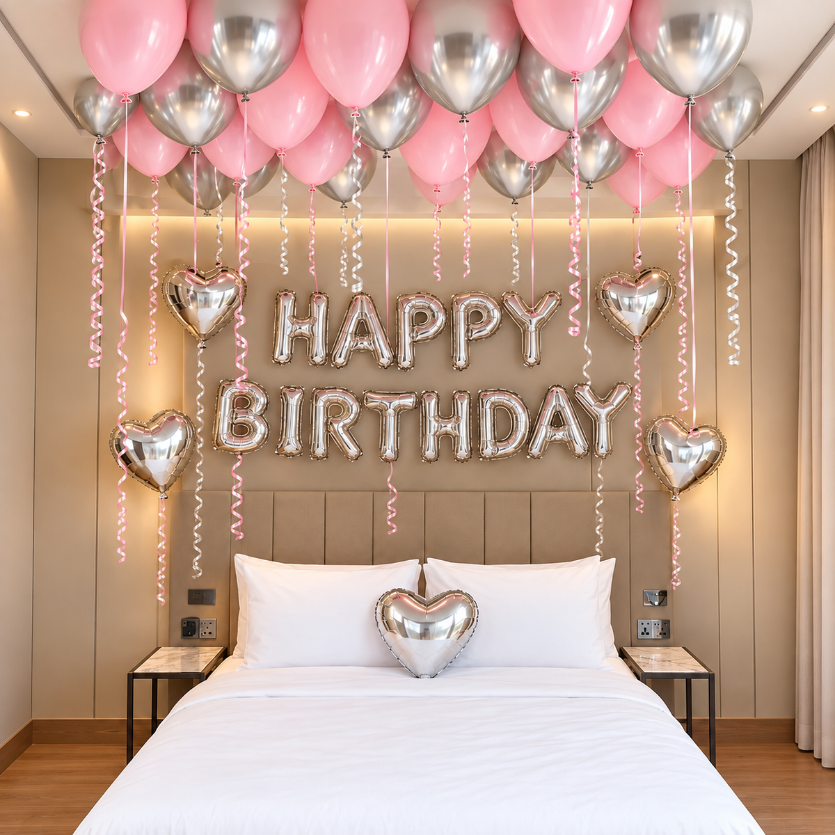 Silver happy birthday letter banner with silver heart foil balloons and pink silver ceiling balloons