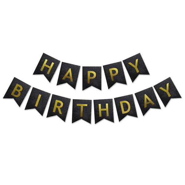Black Happy Birthday alphabet foil balloon banner with gold lettering
