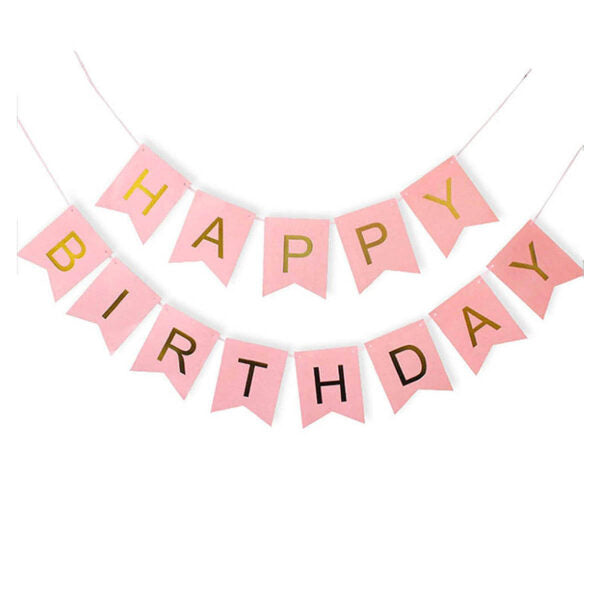 Pink Happy Birthday alphabet foil balloon banner with gold and black lettering