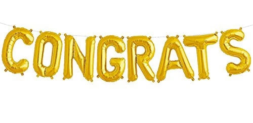 Gold alphabet foil balloon banner spelling Congrats