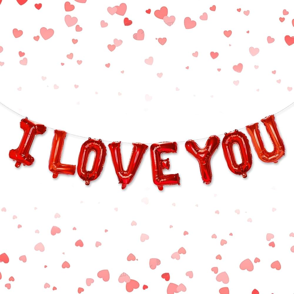 Red alphabet foil balloon banner spelling I Love You