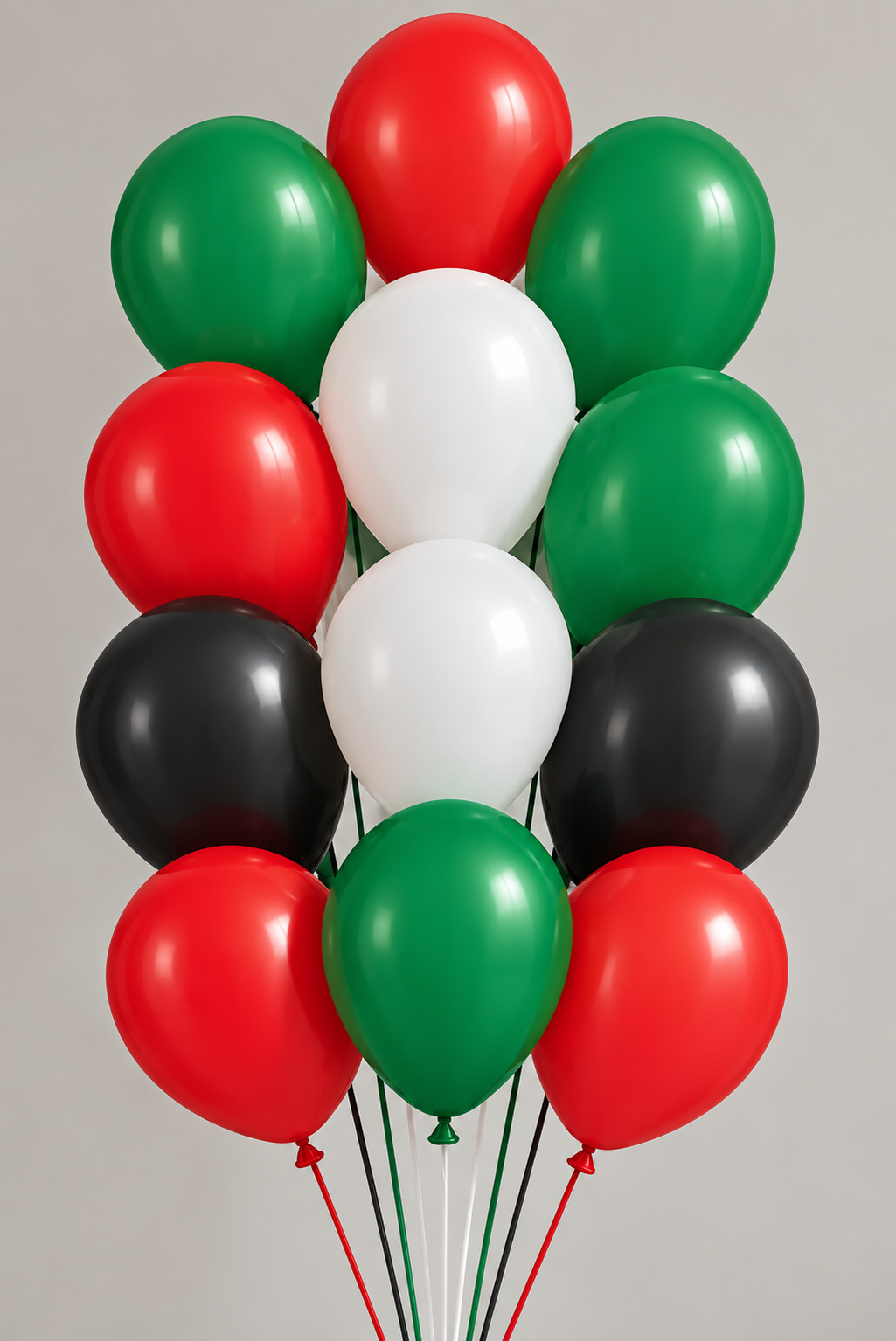 Bouquet of 12 red green white and black latex balloons