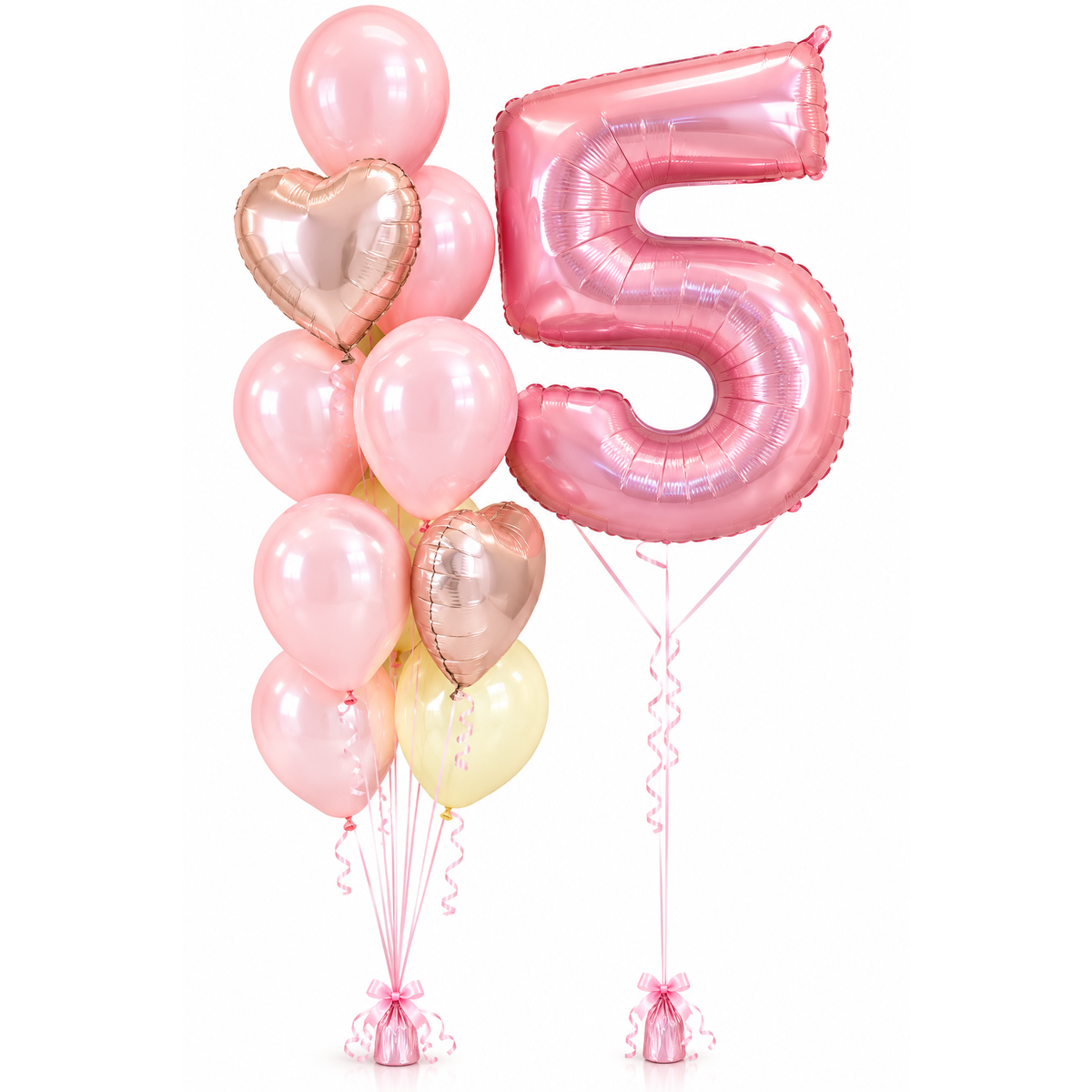 Pink number foil balloon with rose gold heart foils and pink and yellow latex balloon bouquet