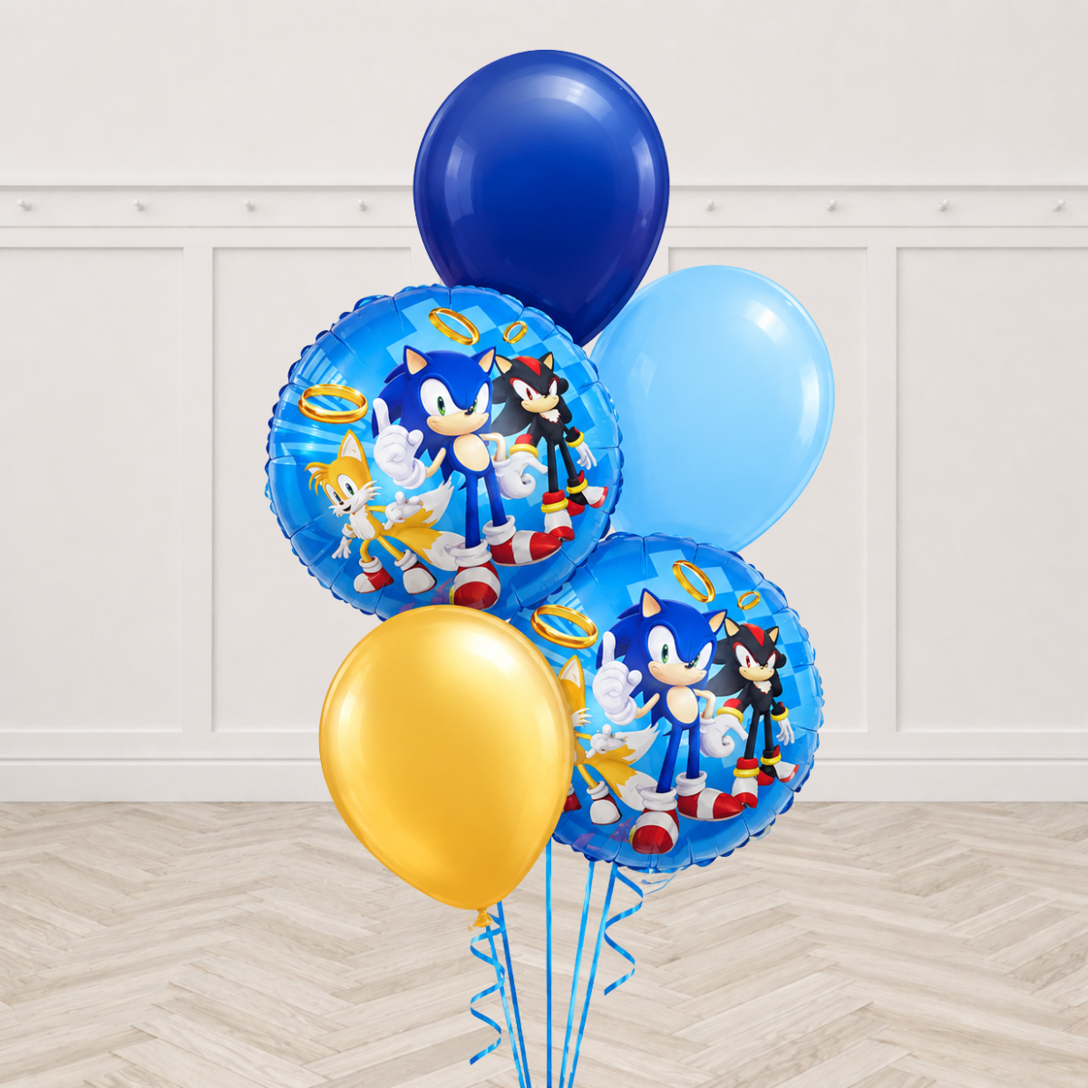 Sonic and Shadow foil balloons with navy, blue and chrome gold latex balloons
