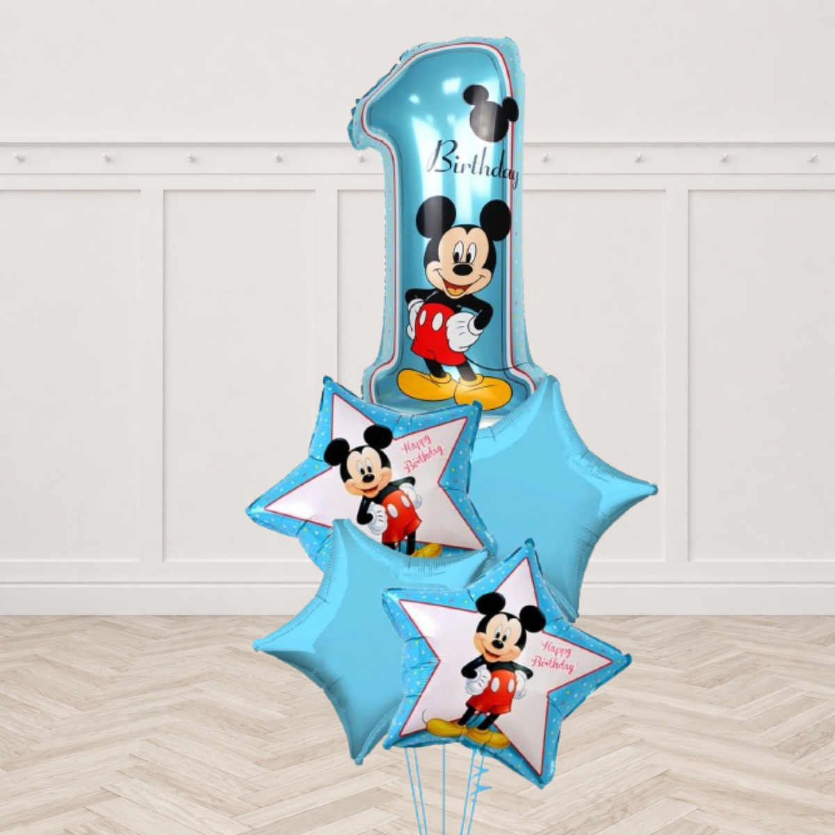 Mickey Mouse number 1 foil balloon with Happy Birthday Mickey stars and blue stars