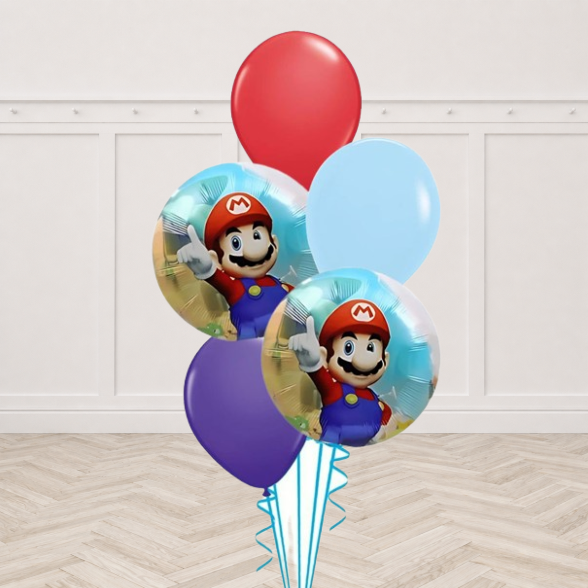 Super Mario foil balloons with red, light blue and purple latex balloons