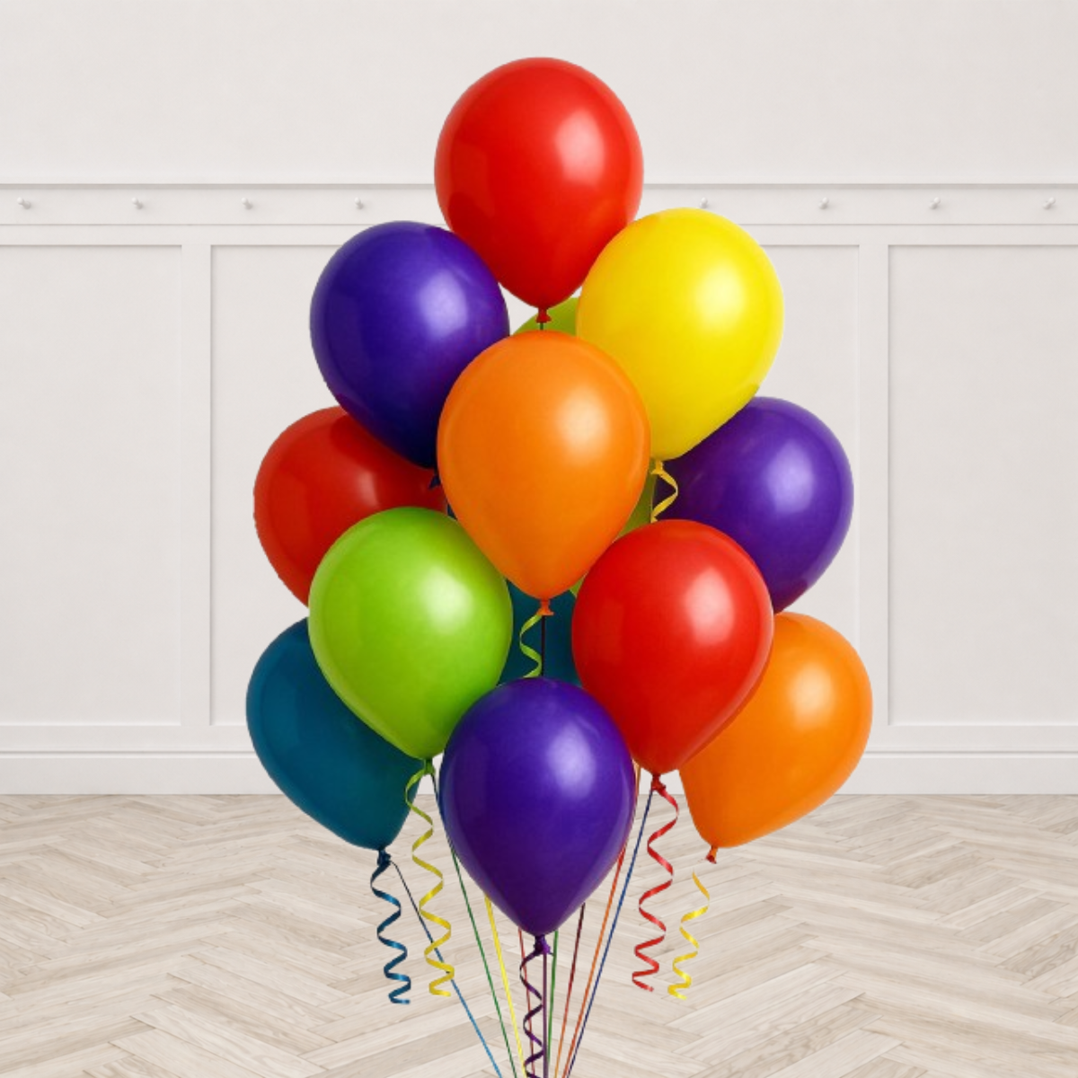 Bouquet of fourteen assorted rainbow latex balloons with curling ribbon