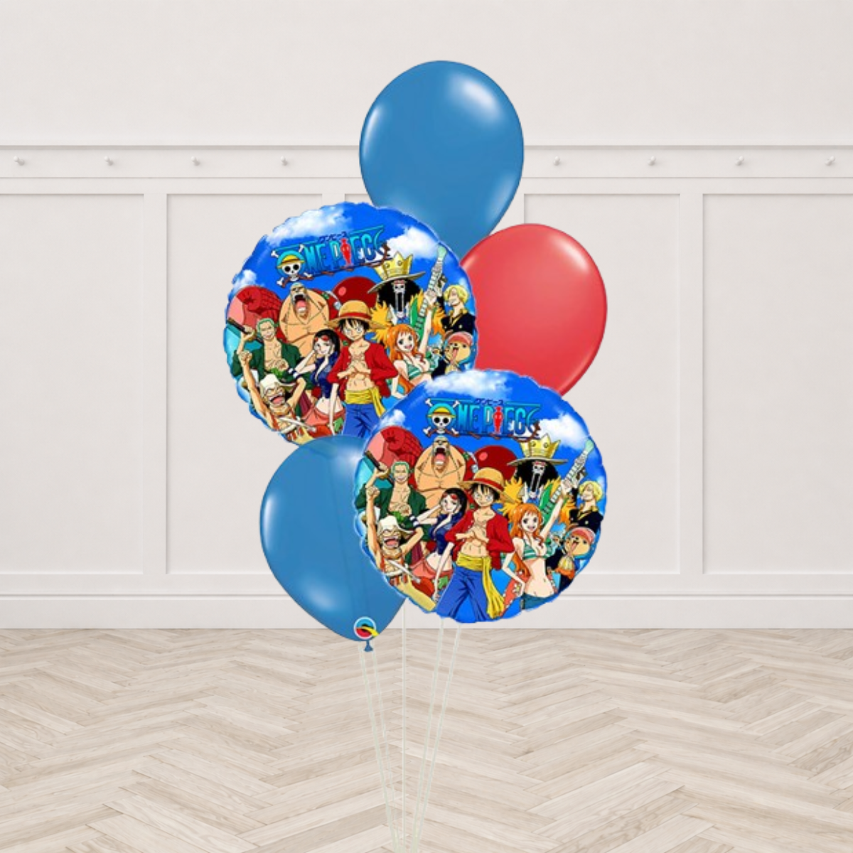 Two One Piece foil balloons with blue and red latex balloons