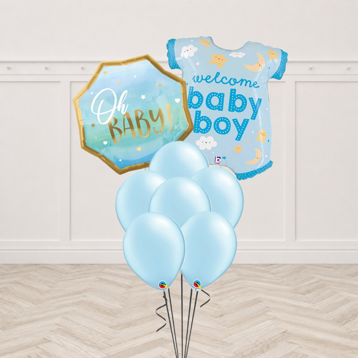 Oh Baby foil balloon with Welcome Baby Boy onesie foil and light blue latex balloons