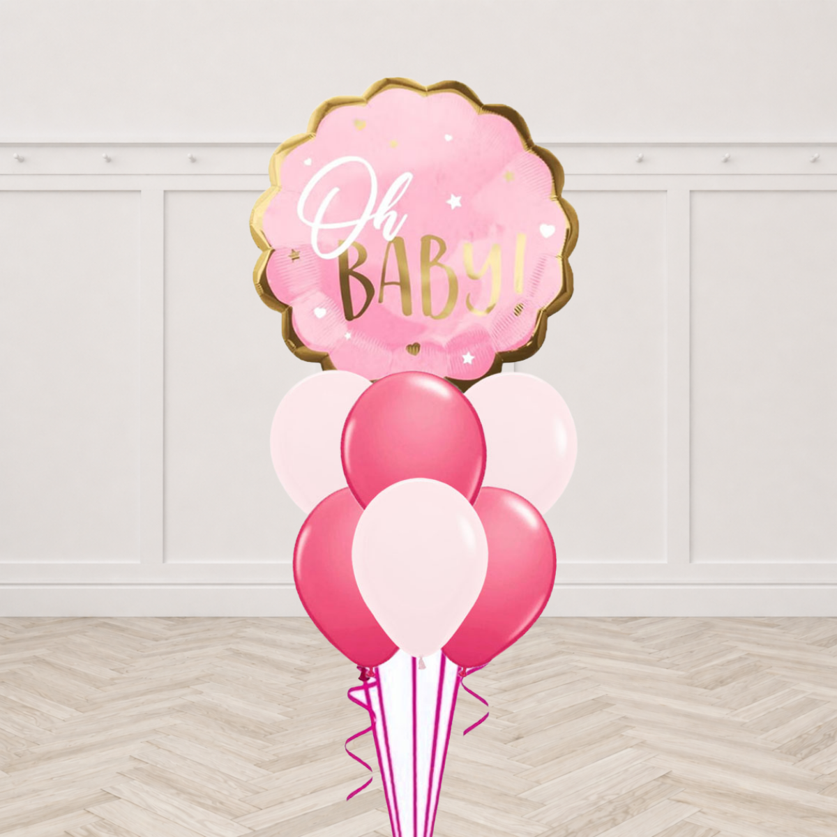Oh Baby foil balloon with pink and dark pink latex balloons