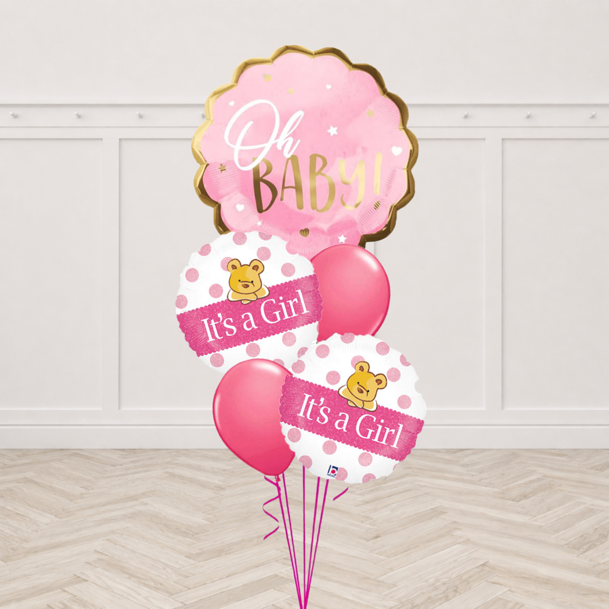 Oh Baby foil balloon with It's a Girl teddy bear round foil balloons and dark pink latex balloons
