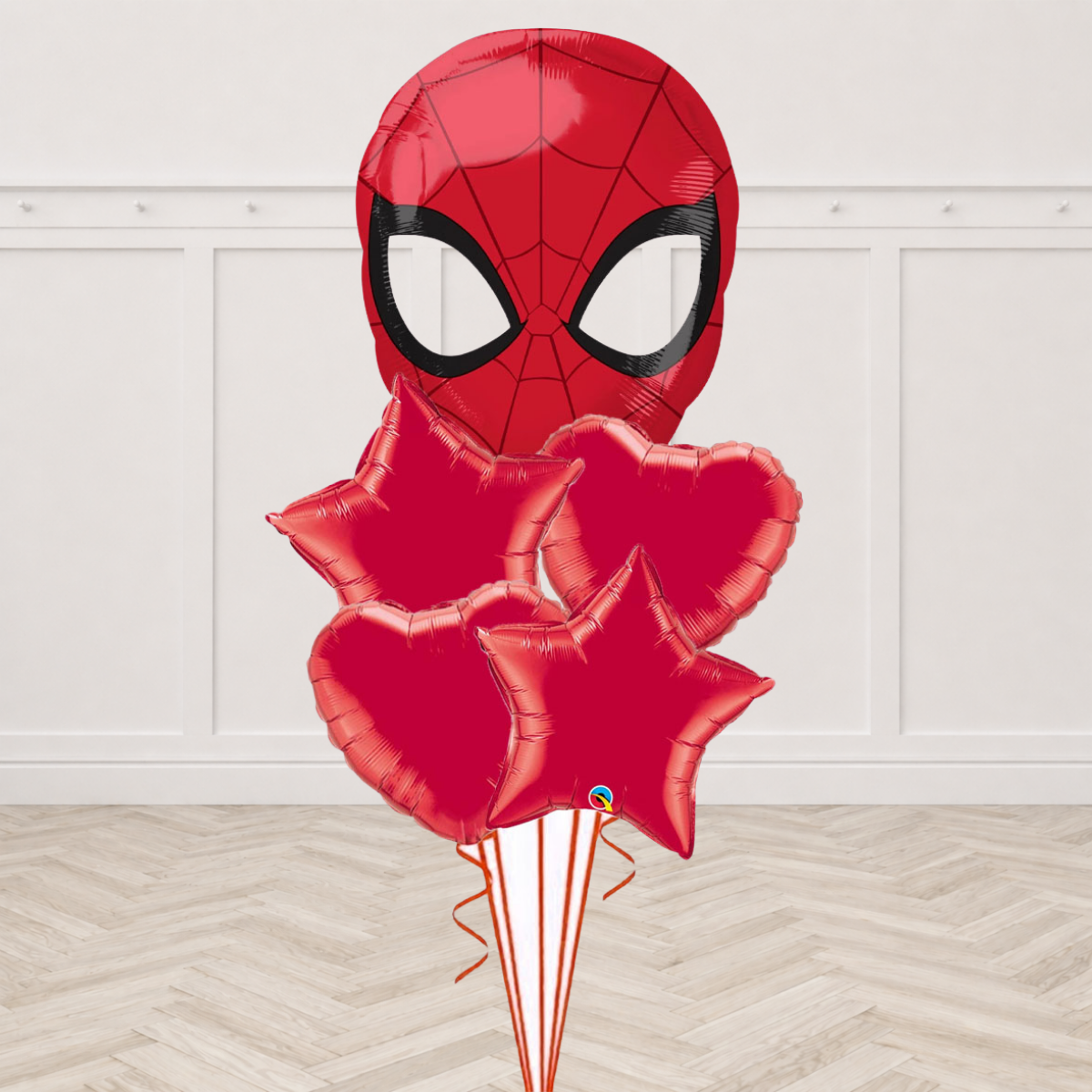 Spiderman mask foil balloon with red star foil balloons and red heart foil balloons
